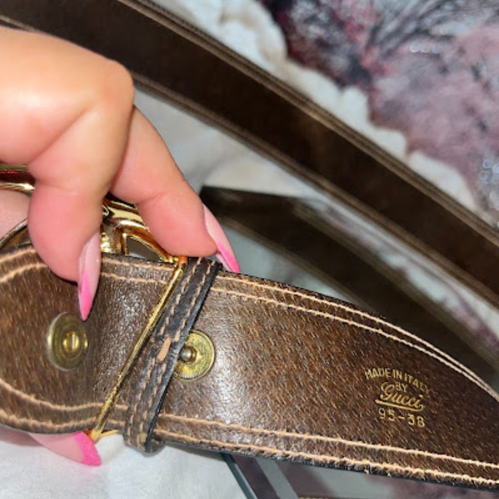 Gucci Brown Monogram Belt w/ Gold Hardware - Picture 7 of 8